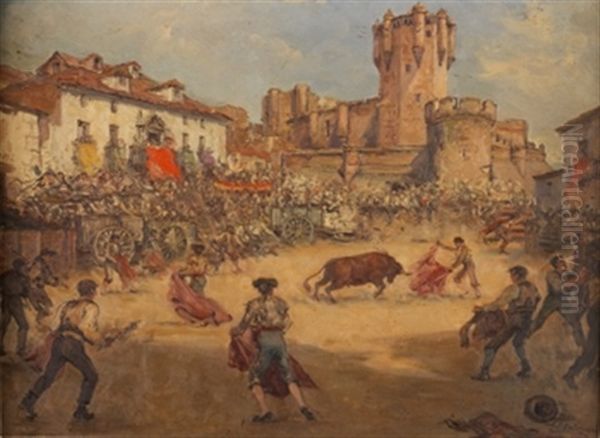 Toros En Un Pueblo De Castilla Oil Painting by Emilio Poy Dalmau