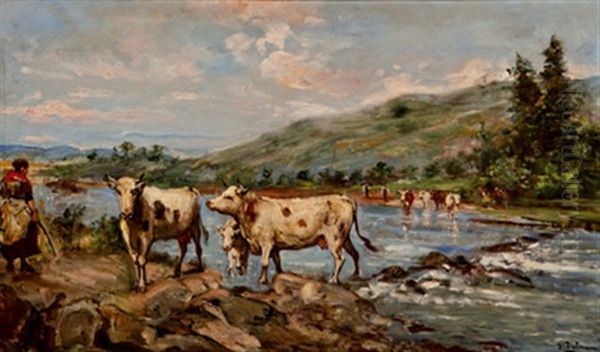 Vacas Cruzando El Rio Oil Painting by Emilio Poy Dalmau