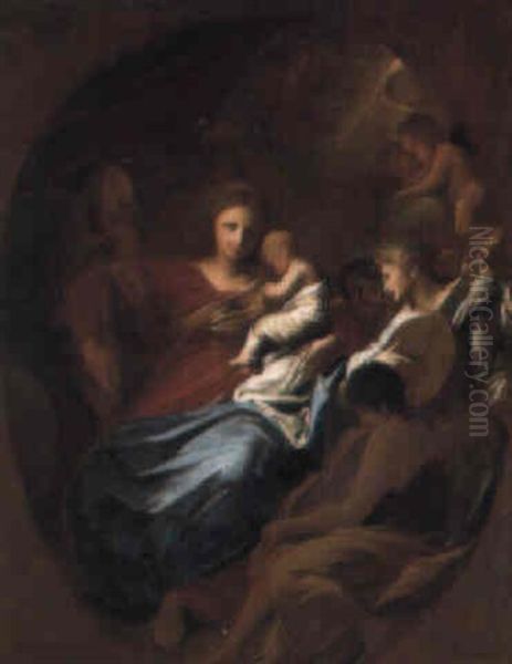 The Madonna And Child With Angels Oil Painting by Andreas Pozzo