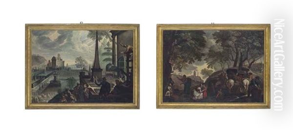 Spring: A Park Landscape With Elegantly-dressed Figures And Others Tending The Garden...; Autumn: A Wooded Landscape With Figures Gathering... (pair) Oil Painting by  Pozzoserrato