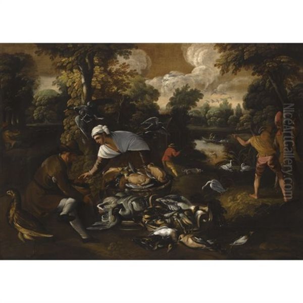 A Fluvial Landscape With Figures Hunting And A Woman Selling The Spoils Of The Hunt To A Man Oil Painting by  Pozzoserrato