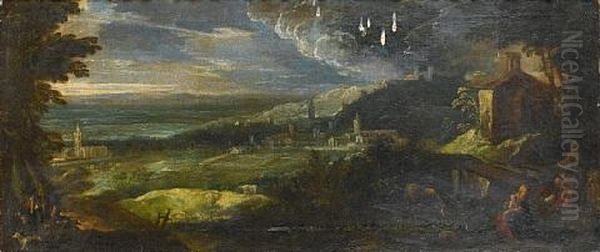 The Rest On The Flight Into Egypt In An Extensive Landscape Oil Painting by  Pozzoserrato