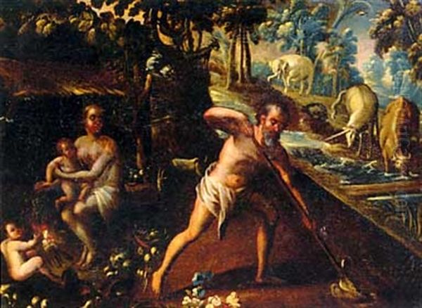 Adam And Eve With Cain And Abel After The Expulsion From The Garden Of Eden Oil Painting by  Pozzoserrato