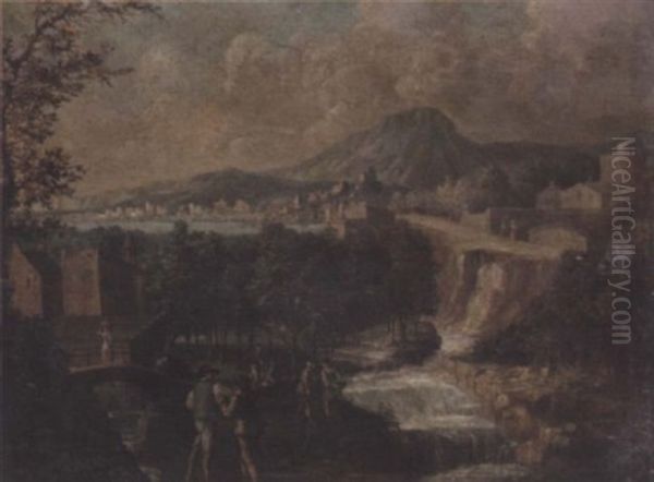 A Wooded River Landscape With Figures Beside A Waterfall, A Town In The Distance Oil Painting by  Pozzoserrato