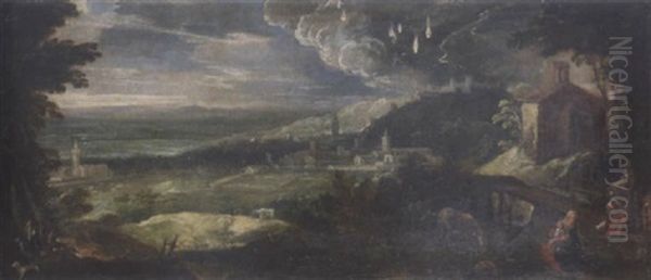 An Extensive Landscape With The Rest On The Flight Into Egypt Oil Painting by  Pozzoserrato