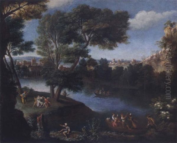 Bewaldete Fluslandschaft Mit Eleganten Kahnfahren Und Tanzenden Paaren Unter Baumen Oil Painting by  Pozzoserrato