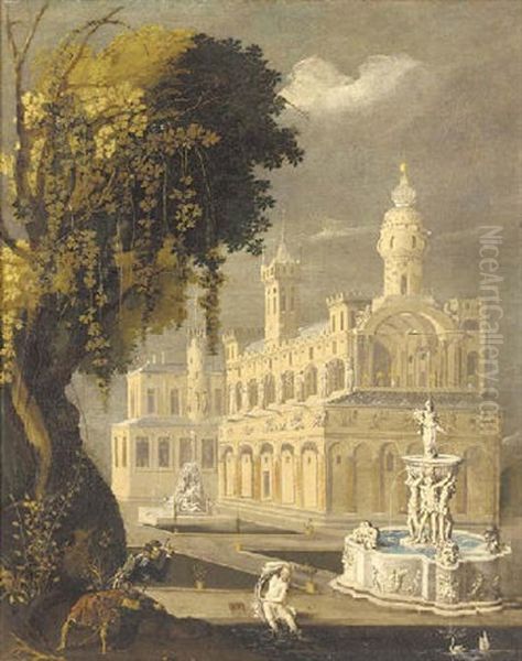 Suzanna And The Elders Before An Architectural Capriccio Of A Palace And An Ornamental Fountain Oil Painting by  Pozzoserrato