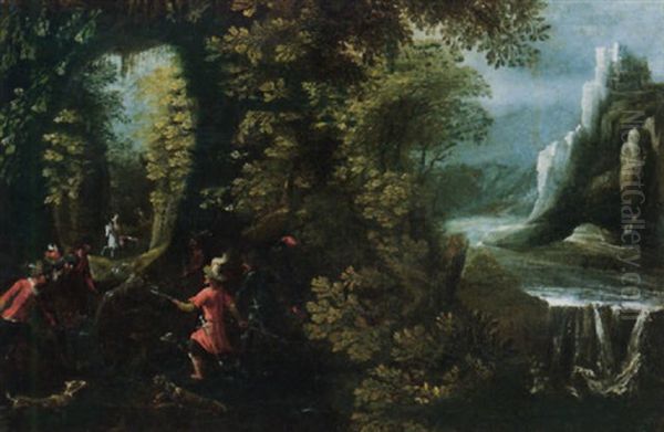 A Wild Boar Hunt With Dogs In A Forest By A Waterfall Oil Painting by  Pozzoserrato