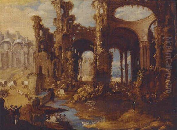 A Capriccio Of Ruins With Travellers And Cattle Oil Painting by  Pozzoserrato