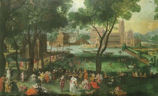 Scene De Fete Bourgeoise Dans Les Jardins D'un Palais Au Bord D'un Canal Oil Painting by  Pozzoserrato