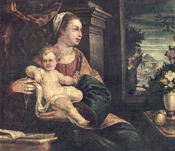 The Madonna And Child Seated Before An Open Window With An Extensive Landscape Beyond Oil Painting by  Pozzoserrato