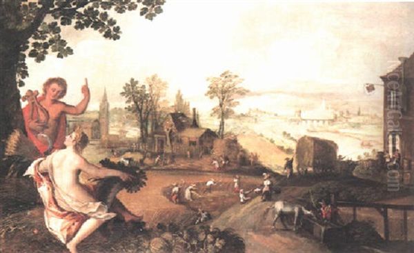 Autumn: Rural Landscape With Harvesters Watched By Apollo And Ceres Oil Painting by  Pozzoserrato