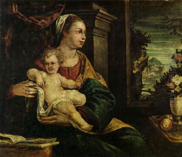 The Madonna And Child Seated Before An Open Window, Extensive River Landscape Beyond Oil Painting by  Pozzoserrato