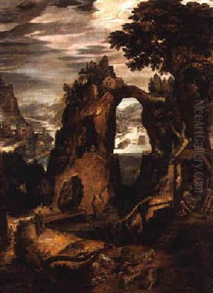 An Imaginary Alpine River Landscape With Hermit Monks By A Monastery On A Rocky Outcrop, Peasants Milking A Goat In The Foreground Oil Painting by  Pozzoserrato