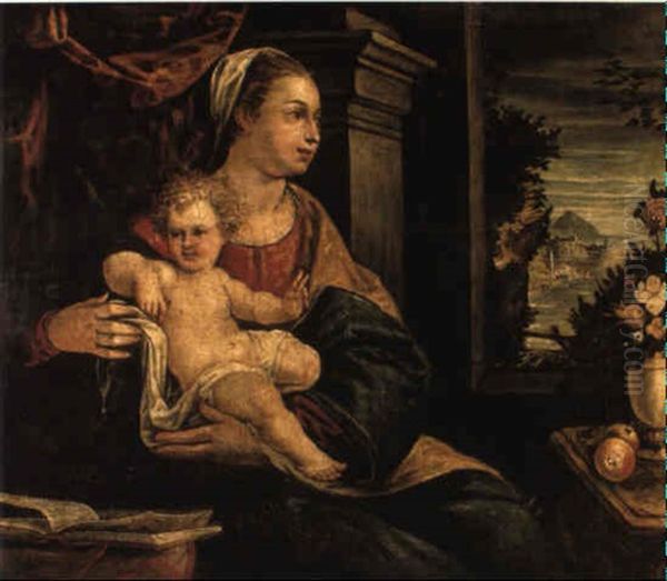 The Madonna And Child Seated Before An Open Window With A Landscape Oil Painting by  Pozzoserrato