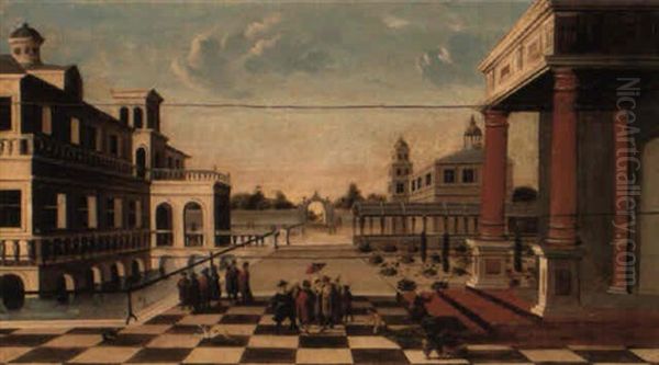 Elegant Figures Gathered In A Palace Courtyard Beside A Moat Oil Painting by  Pozzoserrato