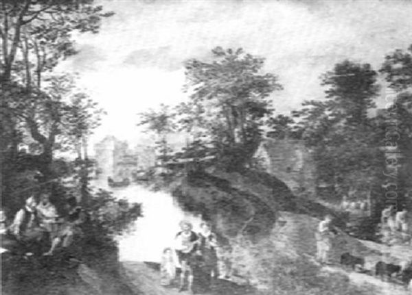 An Elegant Party Seated In Foreground Playing Music And Making Merry, A Wooded River Landscape Beyond Oil Painting by  Pozzoserrato