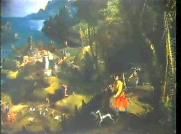 Scene De Chasse Dans Un Paysage Avec                        Un Village Dans Le Lointain Oil Painting by  Pozzoserrato