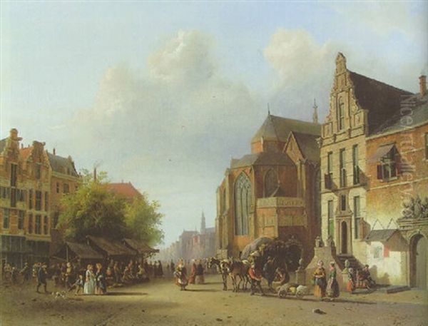 A Dutch Street Market Oil Painting by Alexander Salomon Van Praag