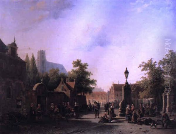 Figures In The Town Square, Leiden Oil Painting by Alexander Salomon Van Praag