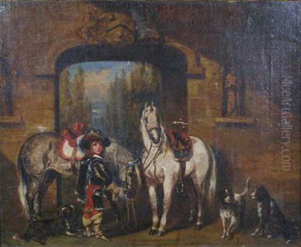 Young Cavalier And Horses In The Courtyard by Alfred F. De Prades