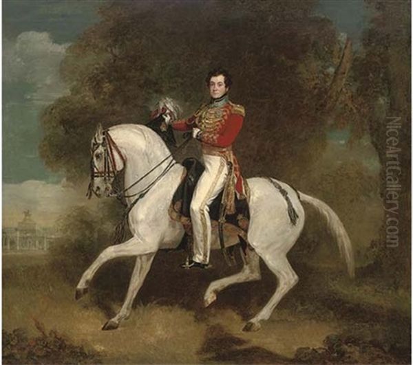 Portrait Of An Officer (the Aide-de-camp To Wellington?) In The Richly Gold-embroidered Scarlet Uniform, Mounted On A Grey Horse Oil Painting by Alfred F. De Prades