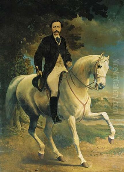 Portrait Of Henry Robert Clifton, On A Grey Horse, In A Landscape, With Clifton Castle, Nottinghamshire, Beyond Oil Painting by Alfred F. De Prades