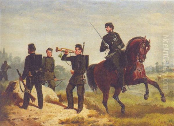 Officers And Men Of The Rifle Brigade On Manoeuvres Oil Painting by Alfred F. De Prades