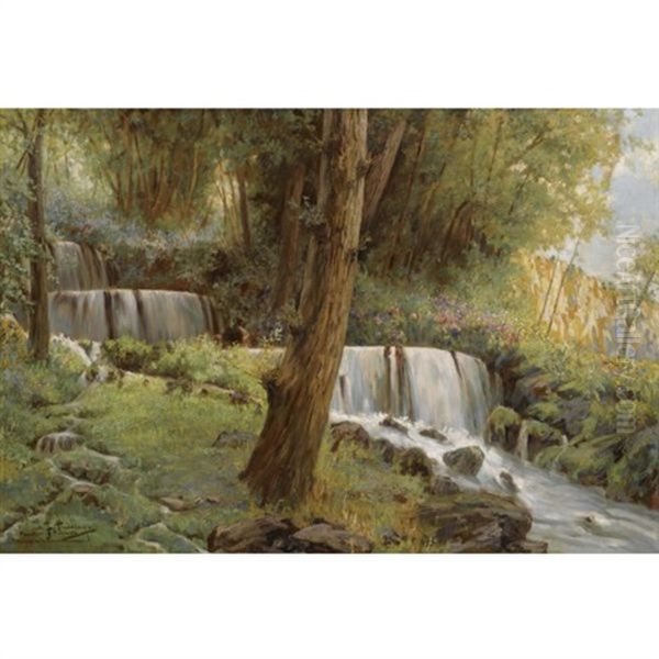 Cascada De Los Fresnos - Waterfall At Los Fresnos Oil Painting by Francisco Pradilla y Ortiz