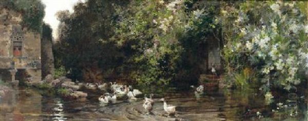 Patos En Un Estanque by Francisco Pradilla y Ortiz