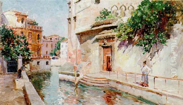 A Venetian Canal Oil Painting by Francisco Pradilla y Ortiz