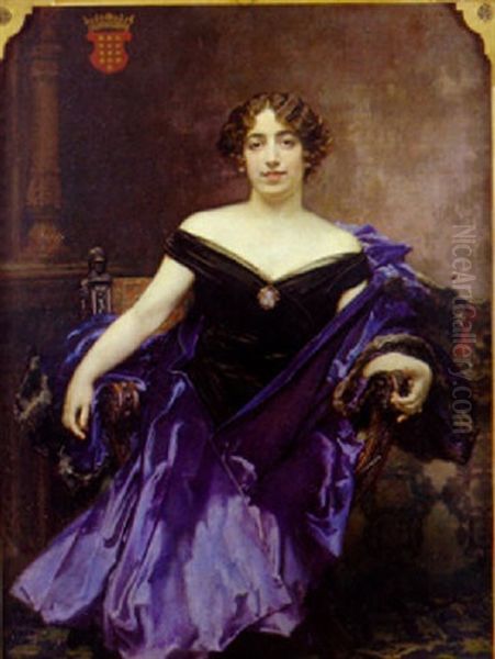 Retrato De Dama, Sentada, Vestida De Negro Con Capa Azul Oil Painting by Francisco Pradilla y Ortiz