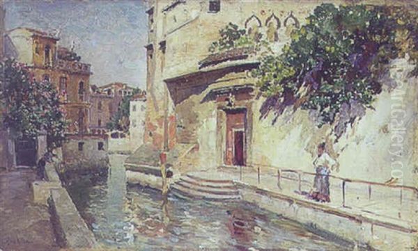 Veneziansk Kanalparti Oil Painting by Francisco Pradilla y Ortiz