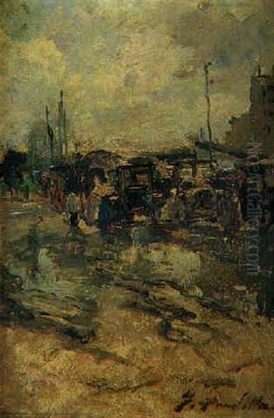 Alrededores De Paris A Pps. De Siglo Con Coches Y Gentio Oil Painting by Francisco Pradilla y Ortiz