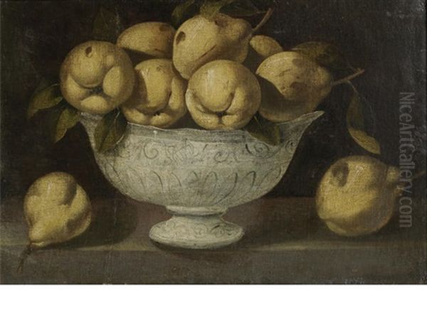 A Still Life Of Pears In An Earthenware Bowl On A Wooden Table Oil Painting by Blas de Ledesma Prado