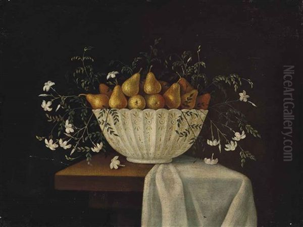 Pears In A Bowl With Jasmin Flowers On A Partly Draped Ledge Oil Painting by Blas de Ledesma Prado