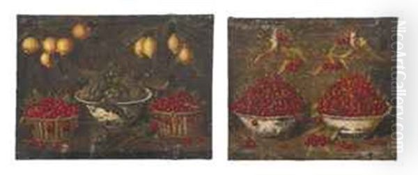 Artichokes In A Blue And White Bowl, Baskets Of Cherries, Lemon Trees, On A Ledge (+ Cherries In Blue And Whire Bowls With Birds On A Stone Ledge; 2 Works) Oil Painting by Blas de Ledesma Prado