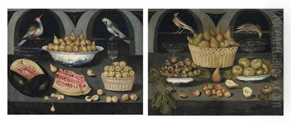 An Open Watermelon, Pears In A Chinese Porcelain Bowl, Apples... (+ Pears In A Wicker Basket, Figs And Apples In Chinese Porcelain Bowls...; Pair) Oil Painting by Blas de Ledesma Prado