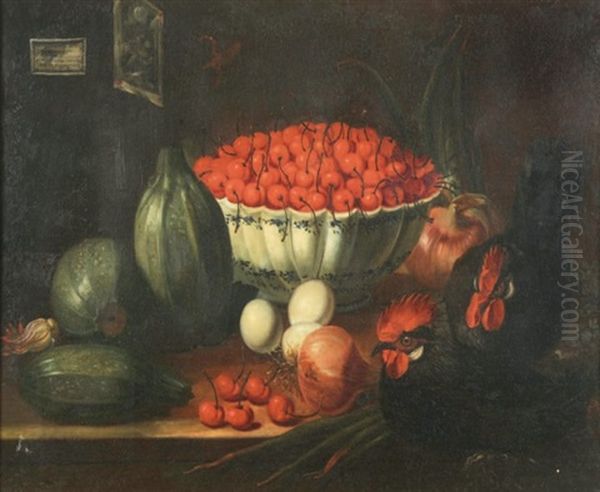 Coupe De Cerises, Courgettes Et Poules Sur Un Entablement Oil Painting by Blas de Ledesma Prado