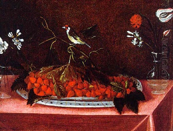 A Still Life With Strawberries, Flowers And A Bird Oil Painting by Blas de Ledesma Prado