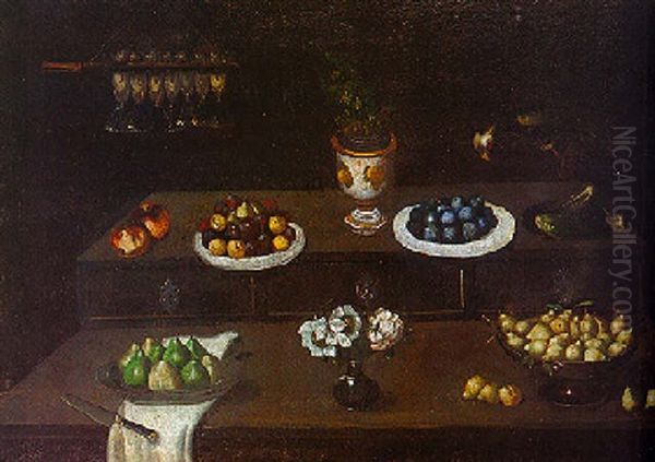 Nature Morte Aus Assiettes De Fruits, Vases De Fleurs Et Perroquet Sur Un Entablement Oil Painting by Blas de Ledesma Prado