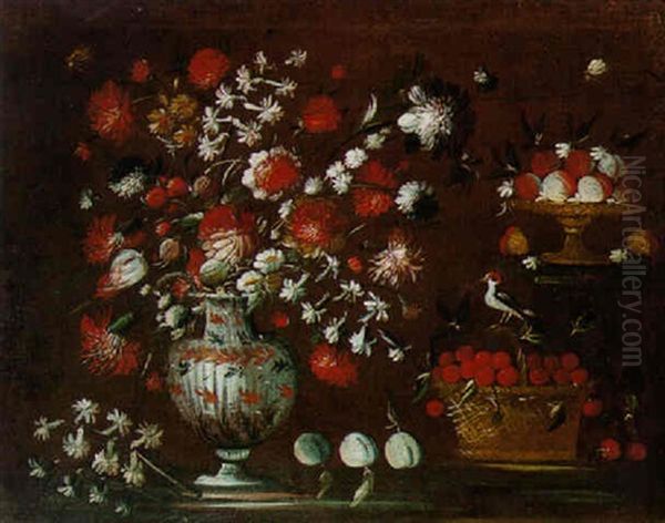 Nature Morte Au Bouquet De Fleurs,cerises Et Oiseau Sur Un Etablement Oil Painting by Blas de Ledesma Prado