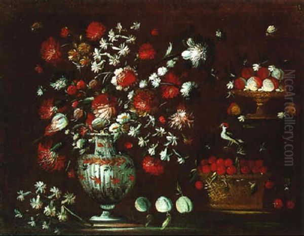 Nature Morte Au Bouquet De Fleurs, Cerises Et Oiseau Sur Un Entablement Oil Painting by Blas de Ledesma Prado