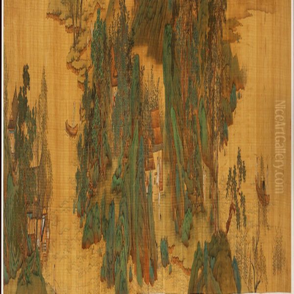 Chinese Handscroll Depicting Landscape With Houses, Boats And Figures Oil Painting by Zhao Boju