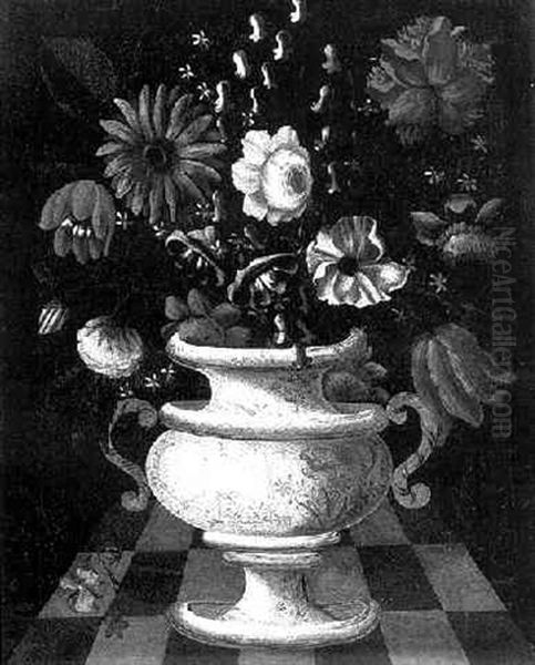 Still Life Of Flowers In A Blue And White Vase Oil Painting by Blas de Ledesma Prado