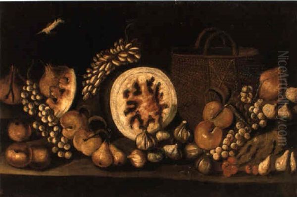 A Bird, Watermelon And Other Fruit Beside  A Straw Basket On A Stone Ledge by Blas de Ledesma Prado