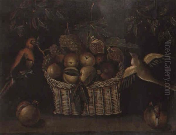 Cesta De Frutas Con Pajaros Oil Painting by Blas de Ledesma Prado