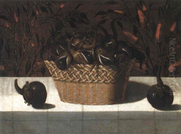 Basket Of Aubergines With Two Aubergines On A Cloth-covered Ledge Oil Painting by Blas de Ledesma Prado