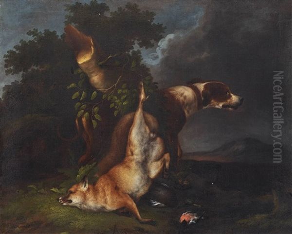 Hunting Still Lifes A Hound With Hunted Rabbit And Birds - Hound With Hunted Fox And Birds (pair) Oil Painting by Wenzel Ignaz Prasch