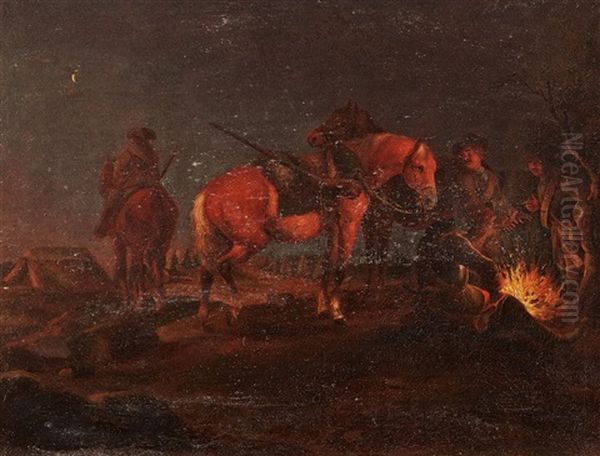 Reiter Und Pferde Am Nachtlichen Lagerfeuer Oil Painting by Wenzel Ignaz Prasch